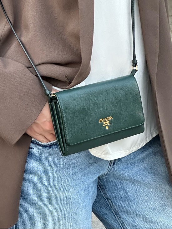 Prada Handbags - Prada Green Saffiano Leather Wallet on Strap